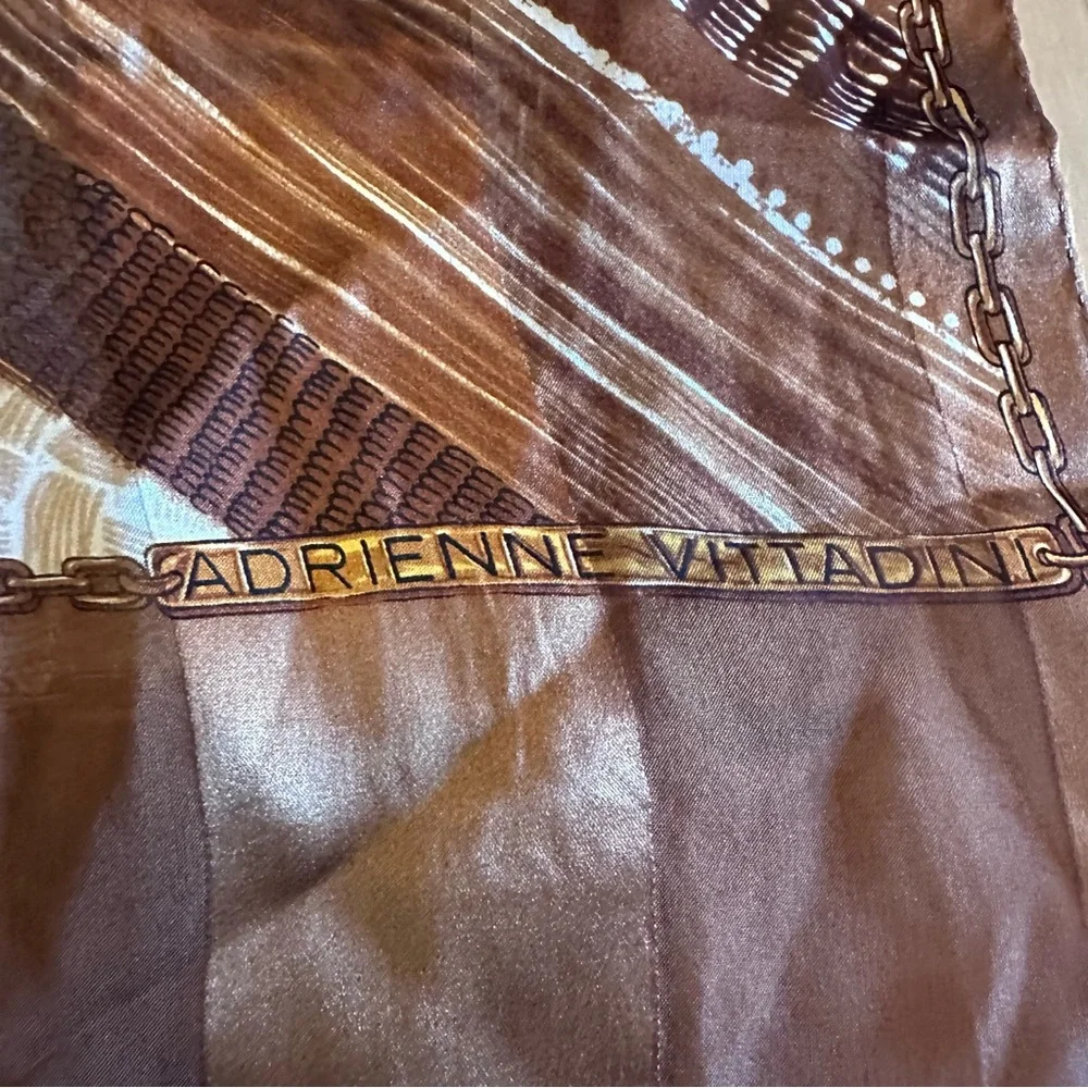 Adrienne Vittadini Silk Vintage Elegant Abstract Patchwork Brown Scarf
